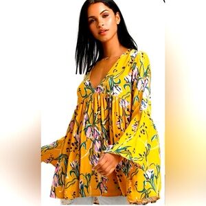 Free People Bella Floral Print Tunic top Yellow Small S XS extra small